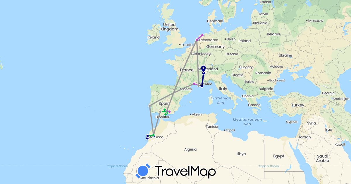 TravelMap itinerary: driving, bus, plane, train in Spain, France, Morocco, Netherlands, Portugal (Africa, Europe)